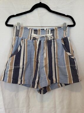 High-Waist Striped Drawstring Women’s Shorts - Blue & Tan